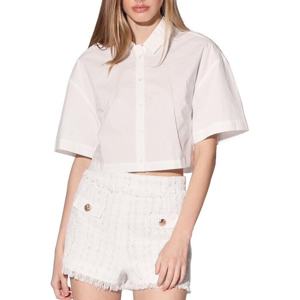 NWT Walter Baker Womens Max button up cropped short sleeve shirt Top, white, L